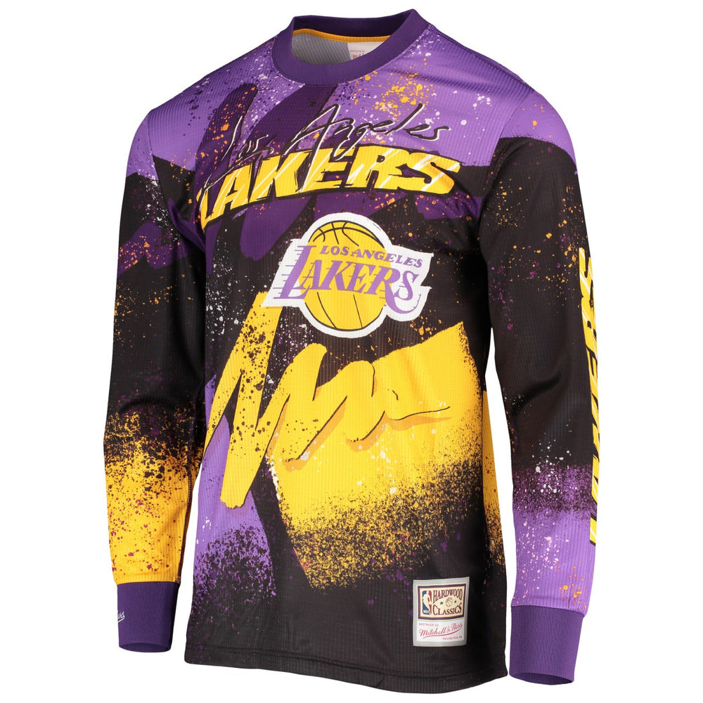 Los Angeles Lakers Hardwood Classics Hyper Hoops Moto Sublimated Long Sleeve T-Shirt Purple | Mitchell & Ness Lifestyle