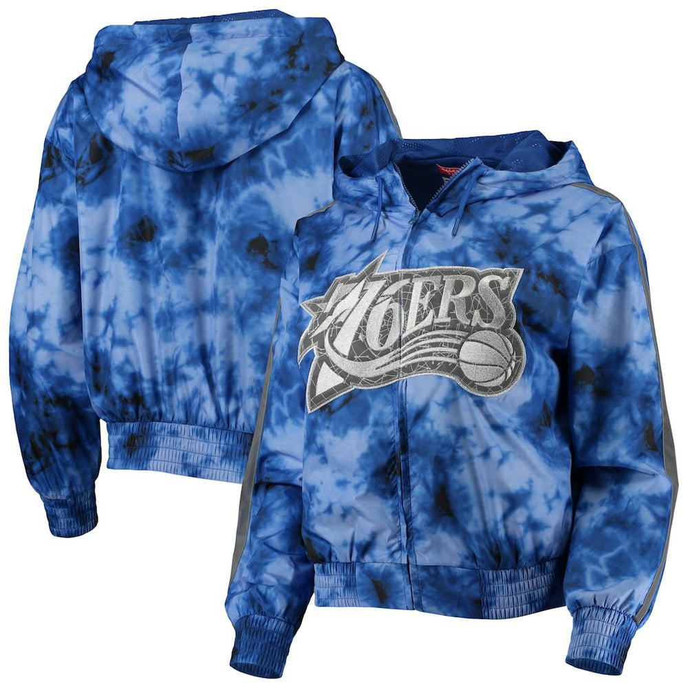 Philadelphia 76ers Women's Galaxy Sublimated Windbreaker Pullover Full-Zip Hoodie Royal | Mitchell & Ness discount