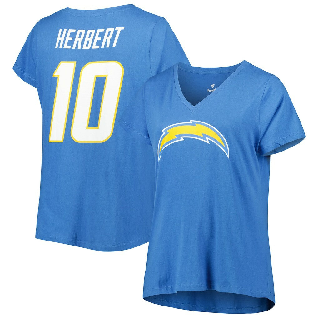 Fanatics Justin Herbert Los Angeles Chargers Women's Plus Size Name & Number V-Neck T-Shirt Powder Blue