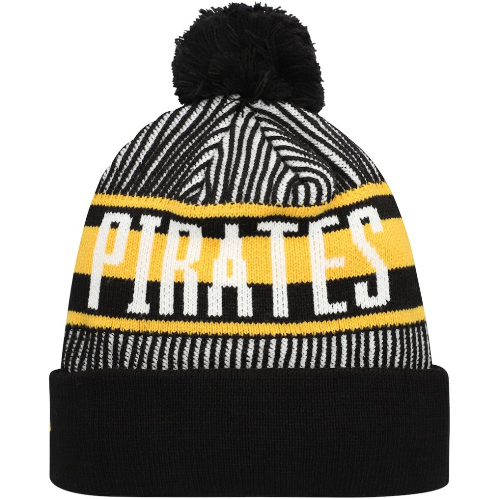 Pittsburgh Pirates New Era Striped Cuffed Knit Hat with Pom - Black - New Era Sale