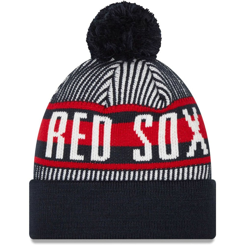 Boston Red Sox New Era Striped Cuffed Knit Hat with Pom - Navy - New Era Sale