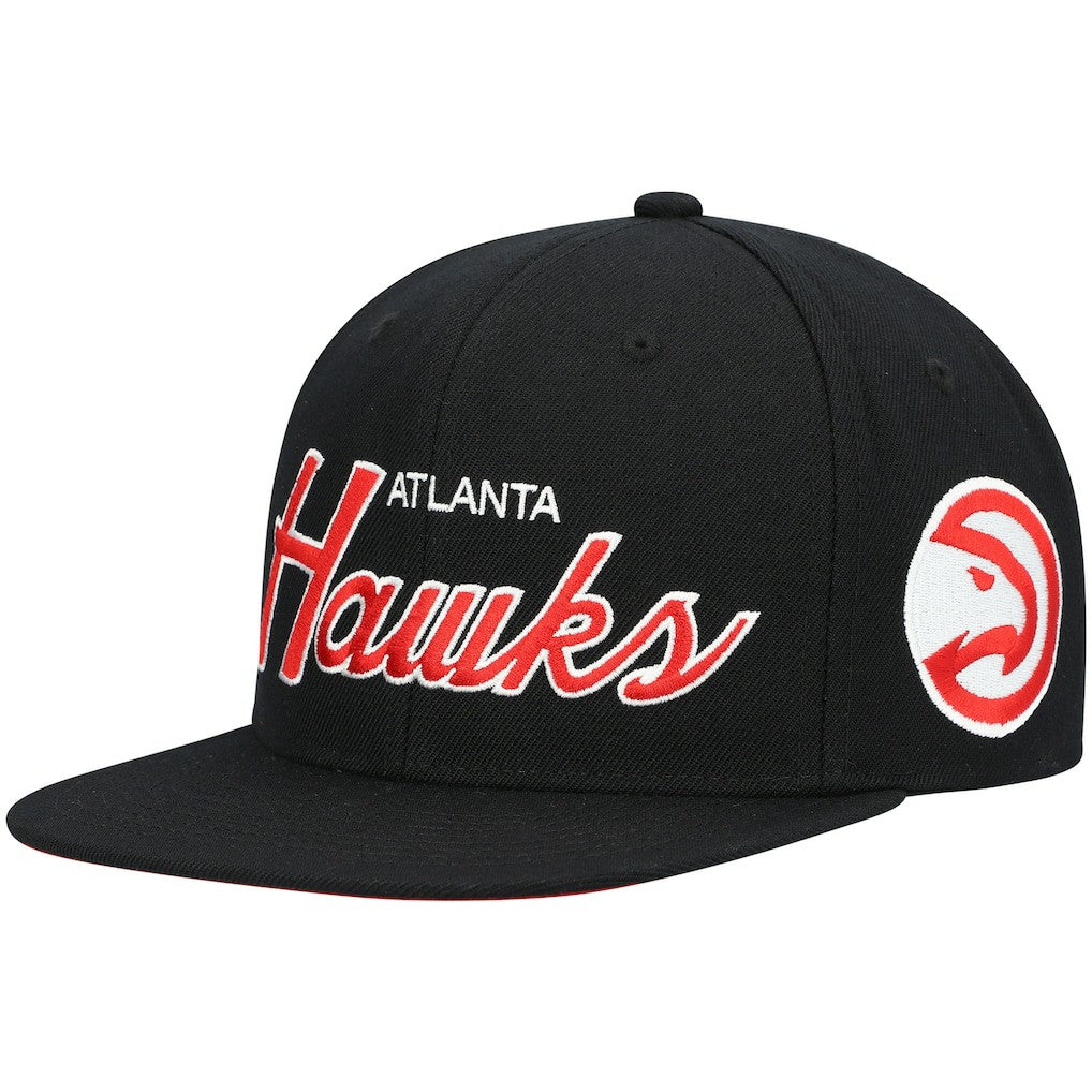 Atlanta Hawks Hardwood Classics Script 2.0 Snapback Hat Black | Mitchell & Ness US