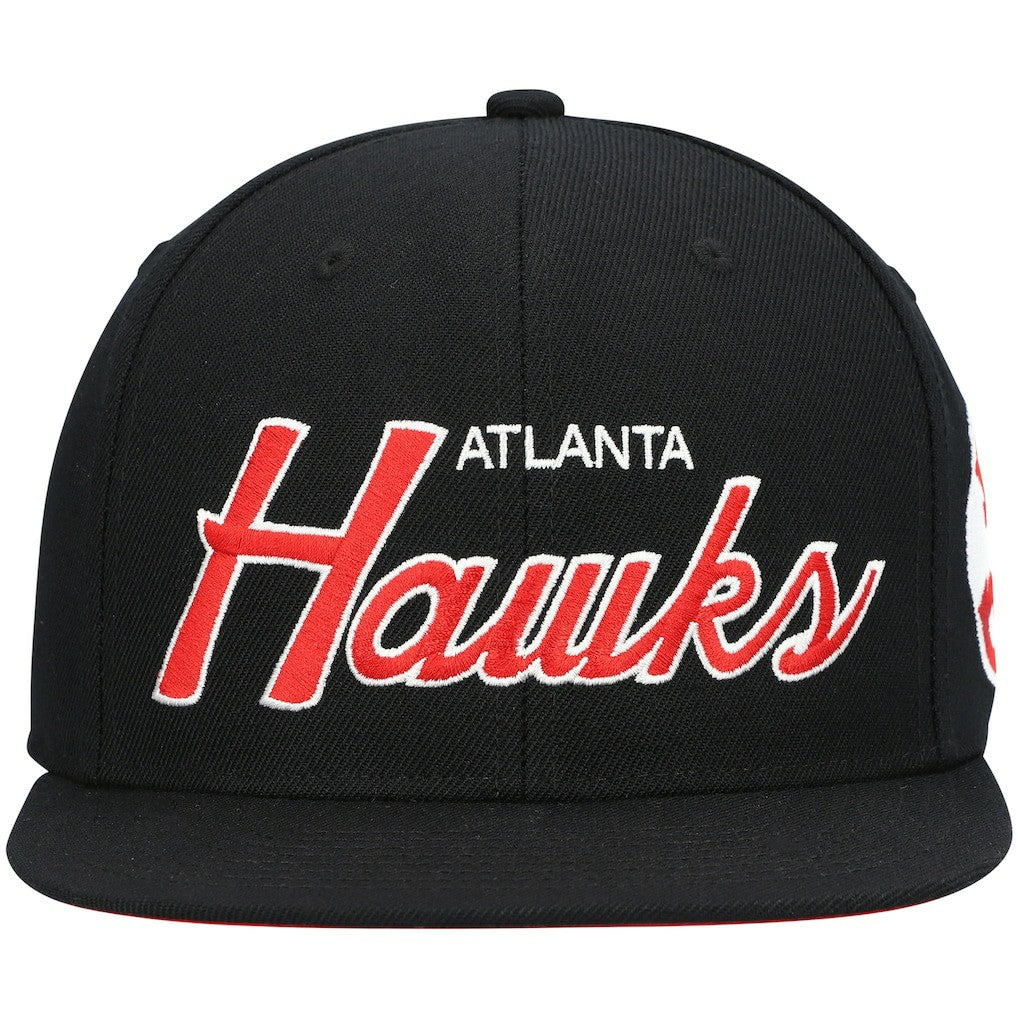 Atlanta Hawks Hardwood Classics Script 2.0 Snapback Hat Black | Mitchell & Ness US