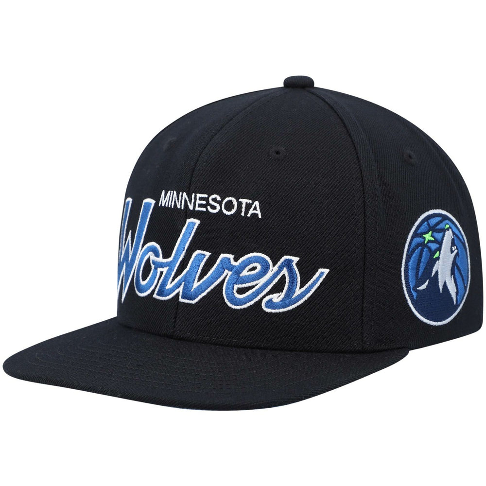 Minnesota Timberwolves Hardwood Classics Script 2.0 Snapback Hat Black | Mitchell & Ness US