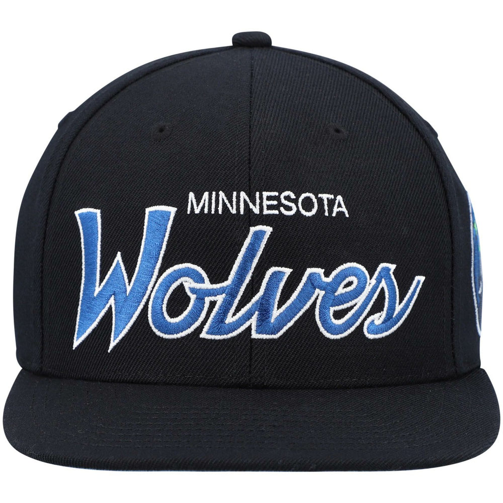 Minnesota Timberwolves Hardwood Classics Script 2.0 Snapback Hat Black | Mitchell & Ness US