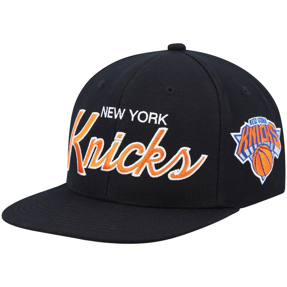 New York Knicks Hardwood Classics Script 2.0 Snapback Hat Black | Mitchell & Ness for sale