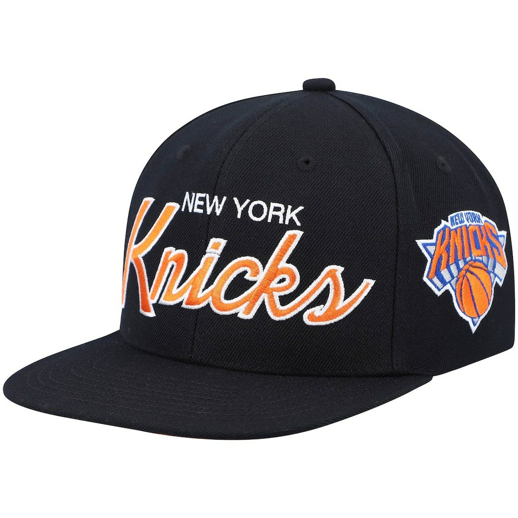 New York Knicks Hardwood Classics Script 2.0 Snapback Hat Black | Mitchell & Ness for sale