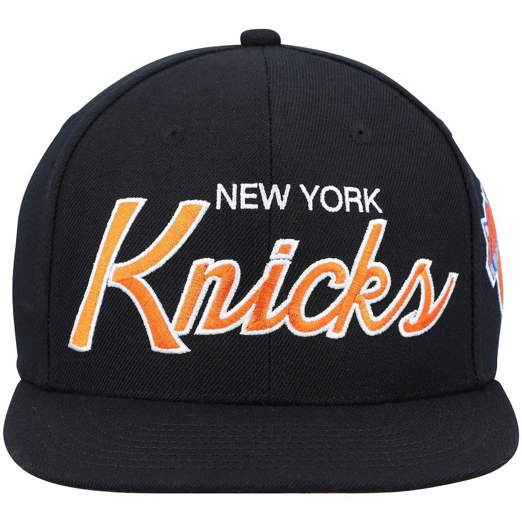 New York Knicks Hardwood Classics Script 2.0 Snapback Hat Black | Mitchell & Ness for sale