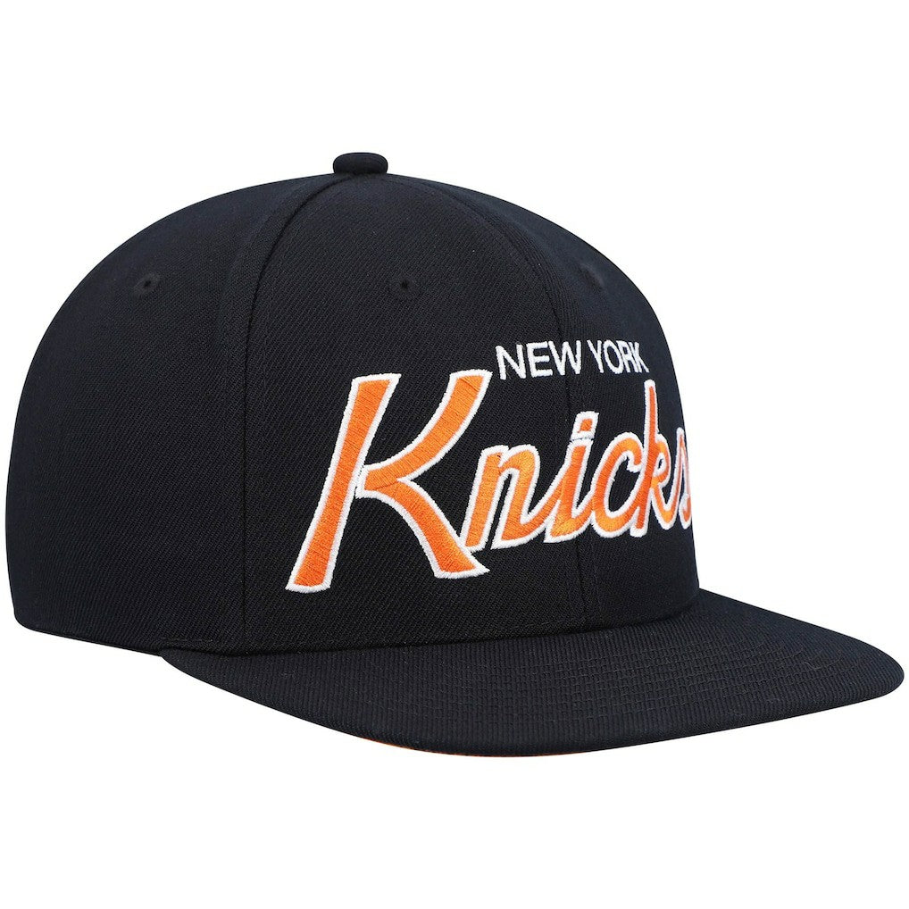 New York Knicks Hardwood Classics Script 2.0 Snapback Hat Black | Mitchell & Ness for sale