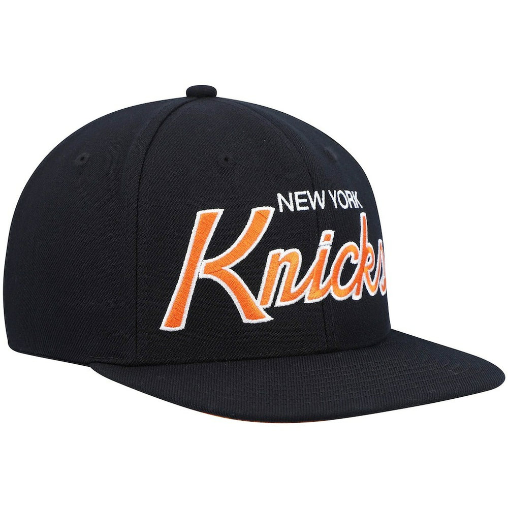 New York Knicks Hardwood Classics Script 2.0 Snapback Hat Black | Mitchell & Ness for sale