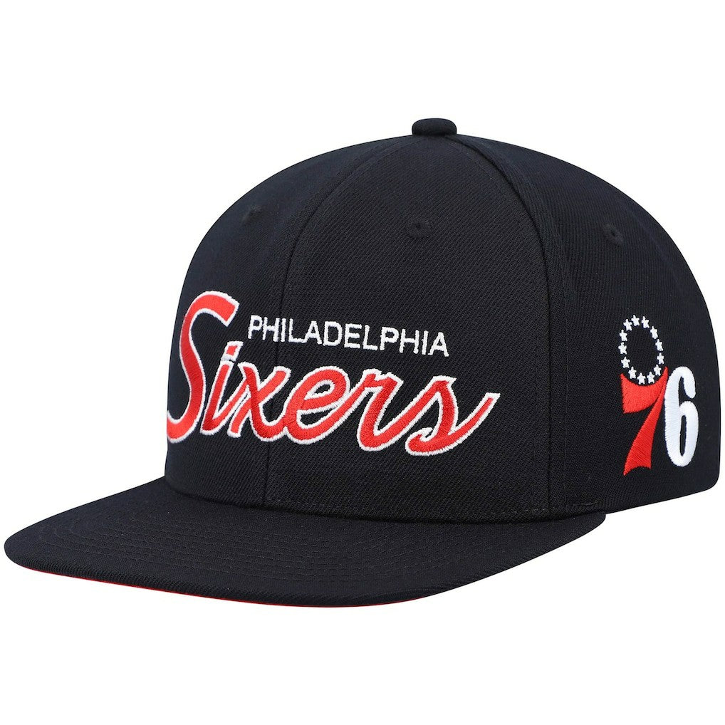 Philadelphia 76ers Hardwood Classics Script 2.0 Snapback Hat Black | Mitchell & Ness US