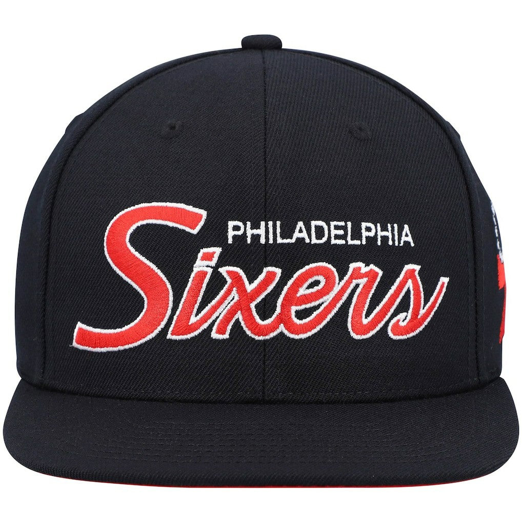 Philadelphia 76ers Hardwood Classics Script 2.0 Snapback Hat Black | Mitchell & Ness US