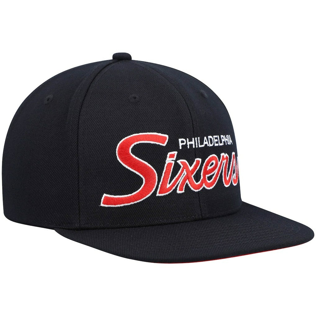 Philadelphia 76ers Hardwood Classics Script 2.0 Snapback Hat Black | Mitchell & Ness US