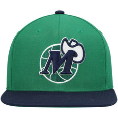Dallas Mavericks Hardwood Classics Team Two-Tone 2.0 Snapback Hat for sale Green/Navy | Mitchell & Ness outlet