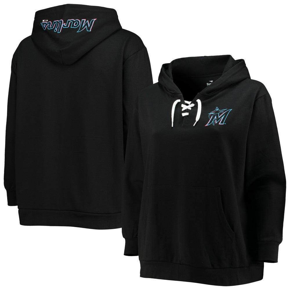Miami Marlins Women's Plus Size Lace-Up V-Neck Pullover Hoodie - Black - MLB Lifestyle