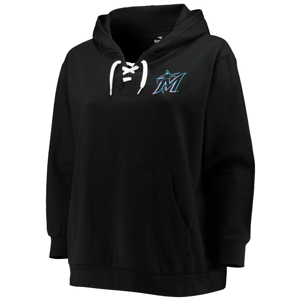 Miami Marlins Women's Plus Size Lace-Up V-Neck Pullover Hoodie - Black - MLB Lifestyle