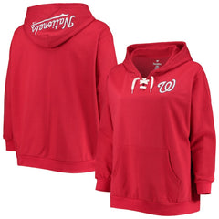 Washington Nationals Women's Plus Size Lace-Up V-Neck Pullover Hoodie - Red - MLB Lifestyle