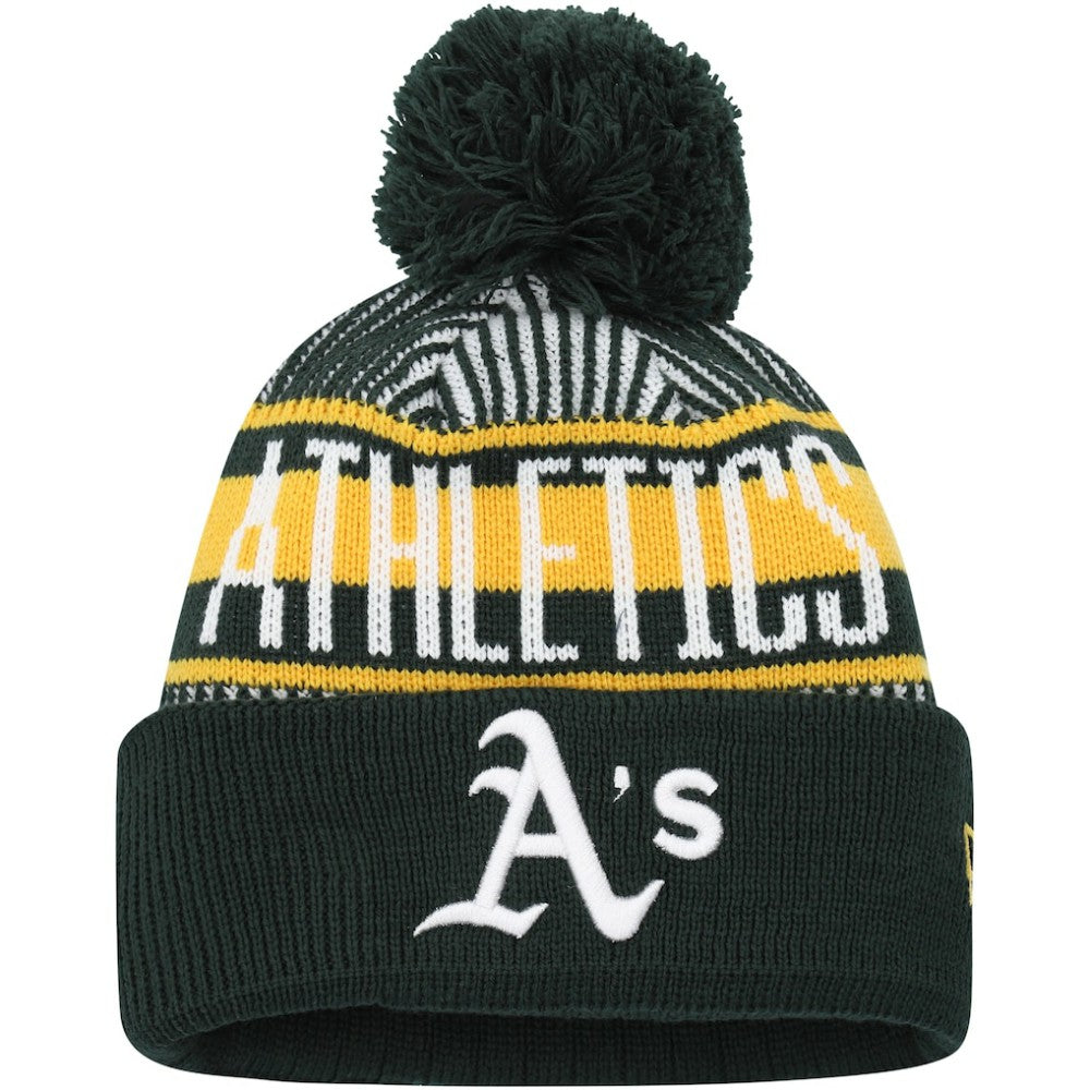 Athletics New Era Youth Striped Cuffed Knit Hat with Pom - Green - New Era Discount