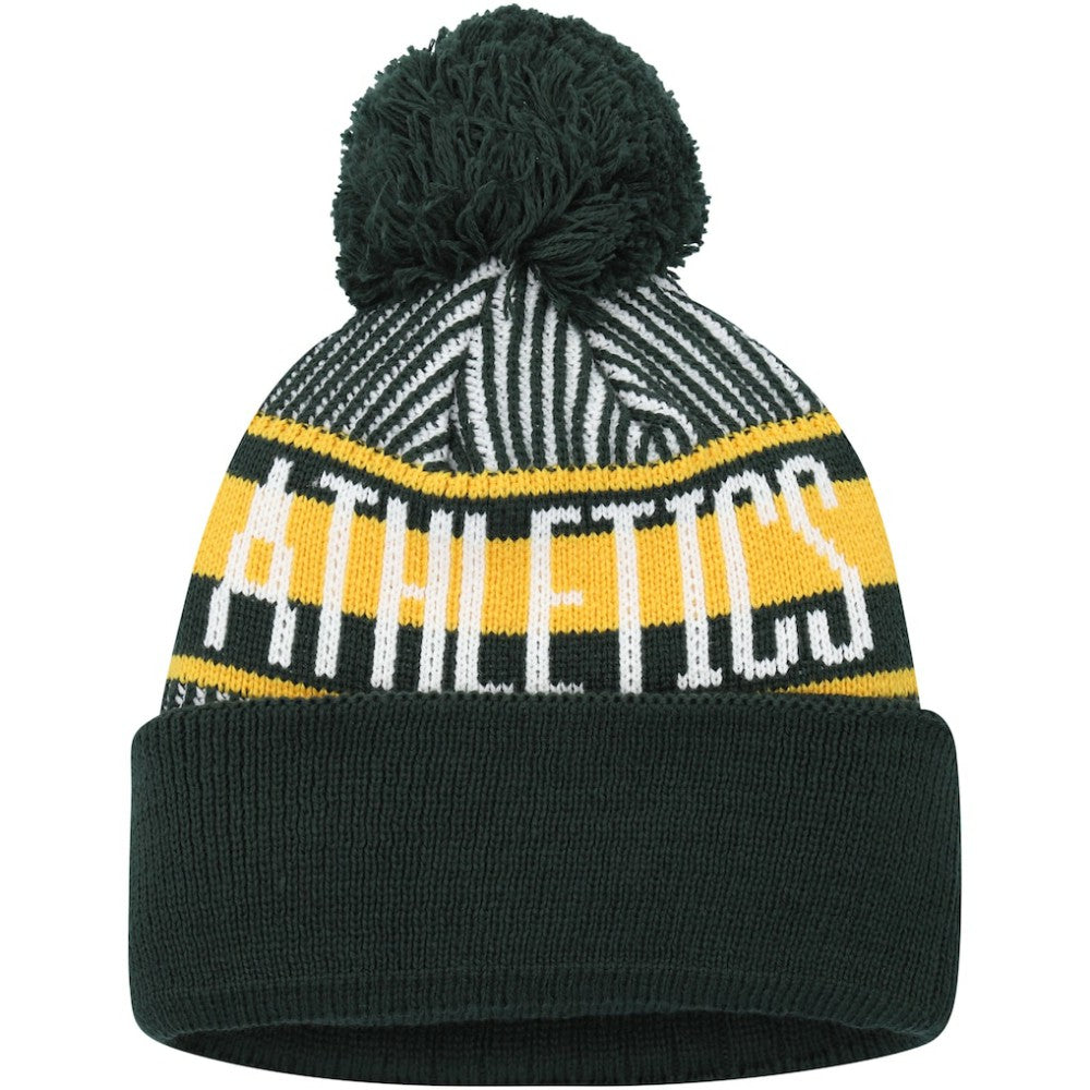 Athletics New Era Youth Striped Cuffed Knit Hat with Pom - Green - New Era Discount