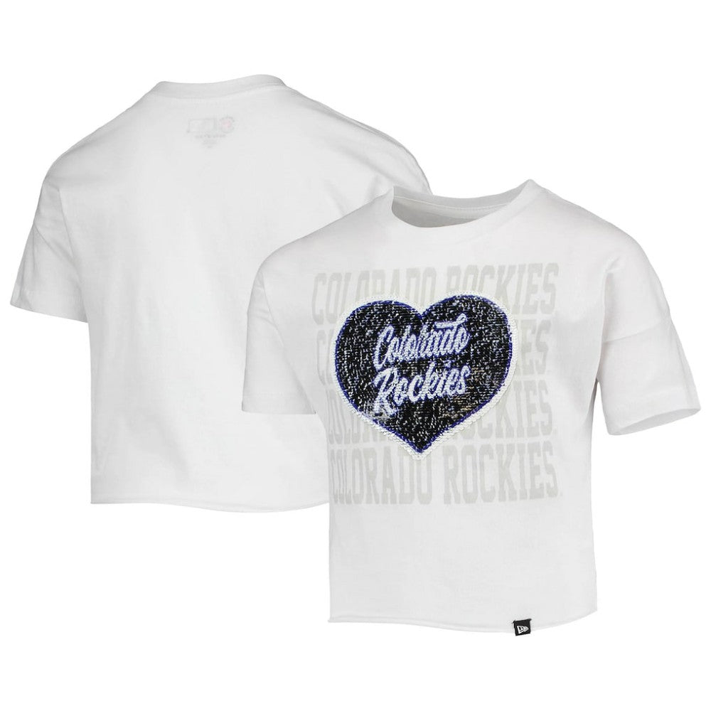 Colorado Rockies New Era Girls Youth Flip Sequin Heart Crop Top - White - New Era Discount