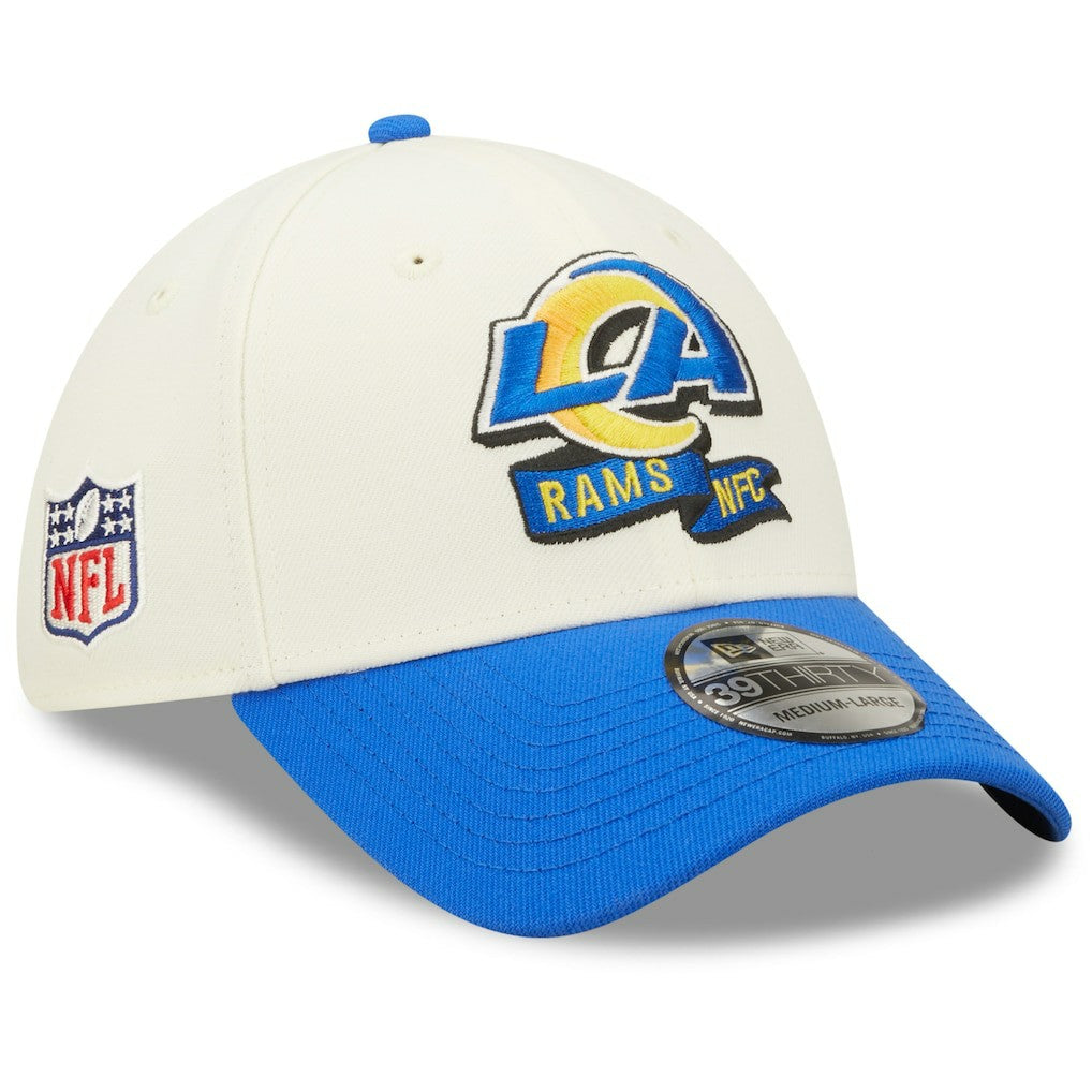 Los Angeles Rams New Era 2022 Sideline 39THIRTY 2-Tone Flex Hat Cream/Royal