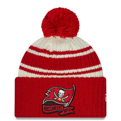 Tampa Bay Buccaneers New Era 2022 Sideline Sport Cuffed Pom Knit Hat Cream/Red