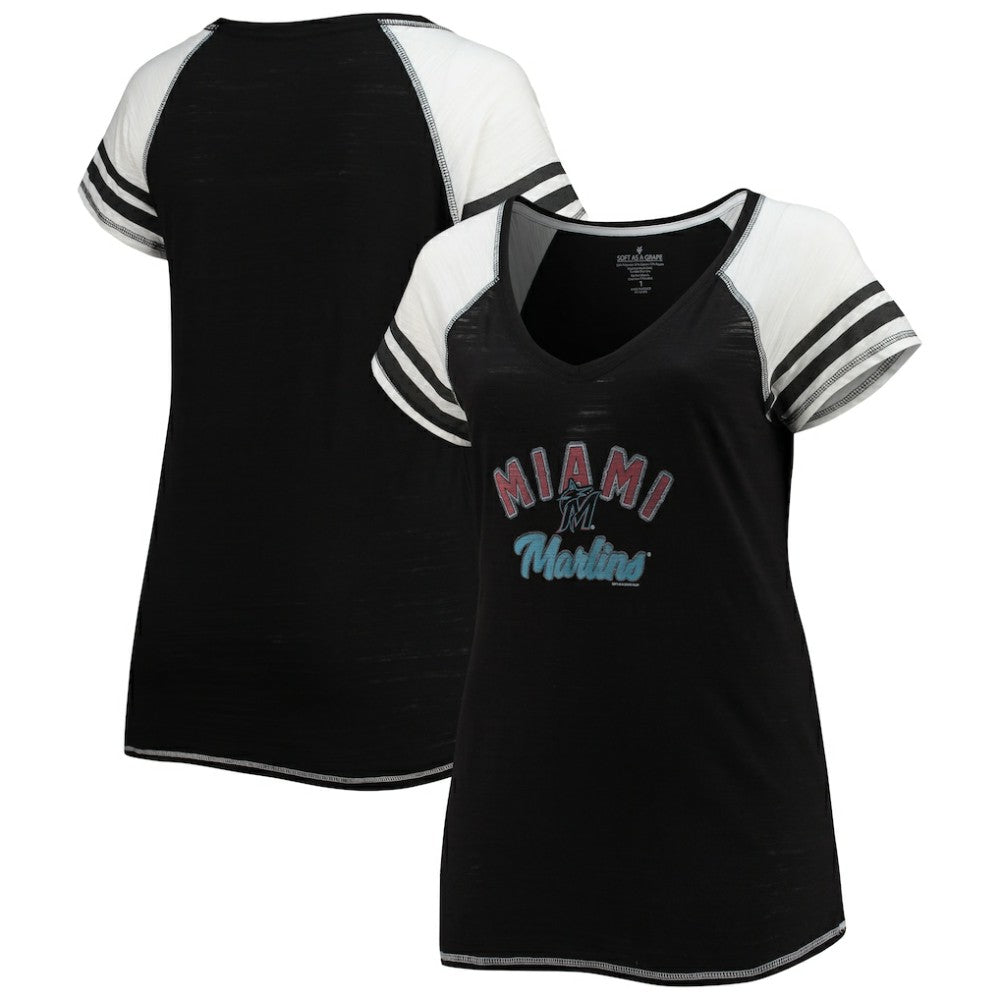 Miami Marlins Soft as a Grape Women's Curvy Color Block Tri-Blend Raglan V-Neck T-Shirt - Black - MLB Sale
