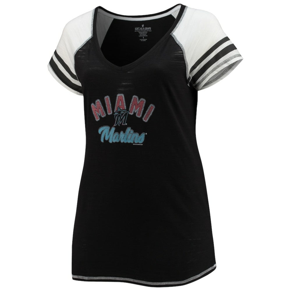 Miami Marlins Soft as a Grape Women's Curvy Color Block Tri-Blend Raglan V-Neck T-Shirt - Black - MLB Sale