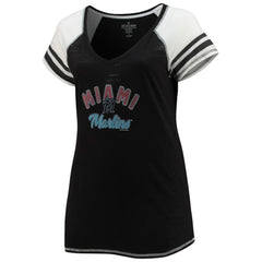 Miami Marlins Soft as a Grape Women's Curvy Color Block Tri-Blend Raglan V-Neck T-Shirt - Black - MLB Sale
