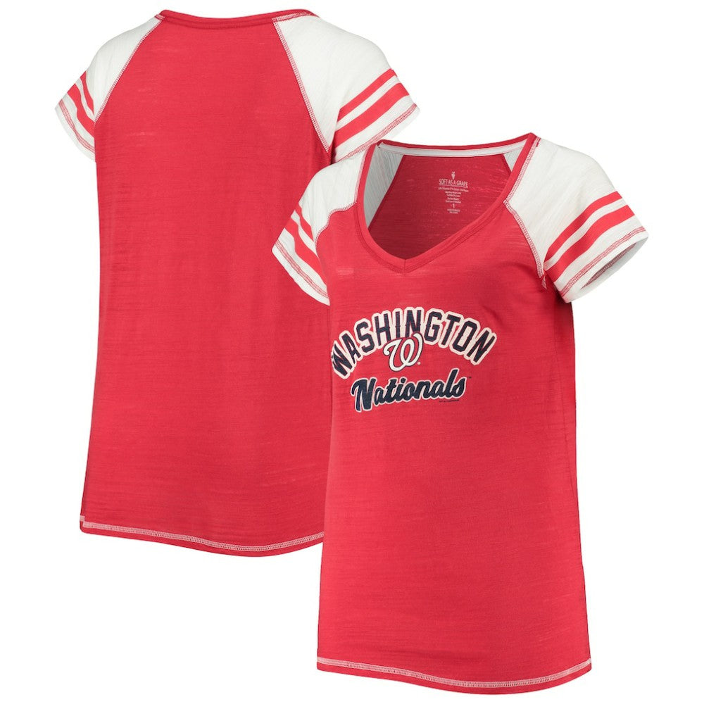 Washington Nationals Soft as a Grape Women's Curvy Color Block Tri-Blend Raglan V-Neck T-Shirt - Red - MLB Lifestyle