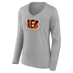 Cincinnati Bengals Women's Primary Team Logo Long Sleeve V-Neck T-Shirt Heather Gray