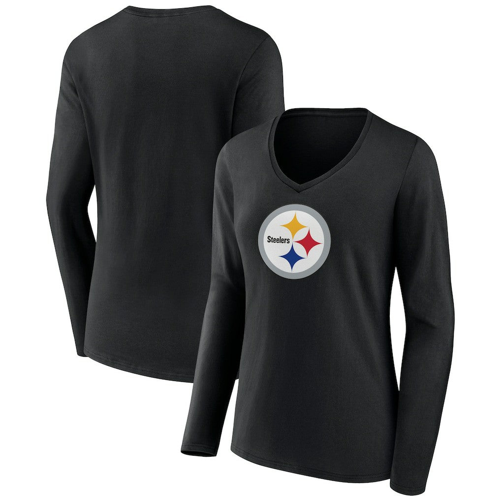 Pittsburgh Steelers Women's Primary Team Logo Long Sleeve V-Neck T-Shirt Black