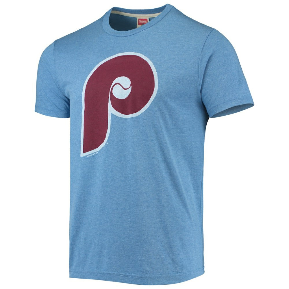 Philadelphia Phillies Homage Hand-Drawn Logo Tri-Blend T-Shirt - Light Blue - MLB Discount