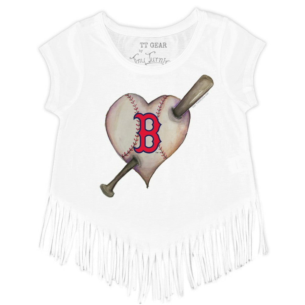 Boston Red Sox Tiny Turnip Girls Youth Heart Bat Fringe T-Shirt - White - MLB Discount