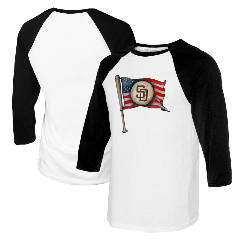 San Diego Padres Tiny Turnip Women's Baseball Flag Raglan 3/4 Sleeve T-Shirt - White/Black - MLB on Sale