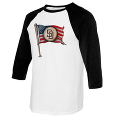San Diego Padres Tiny Turnip Women's Baseball Flag Raglan 3/4 Sleeve T-Shirt - White/Black - MLB on Sale