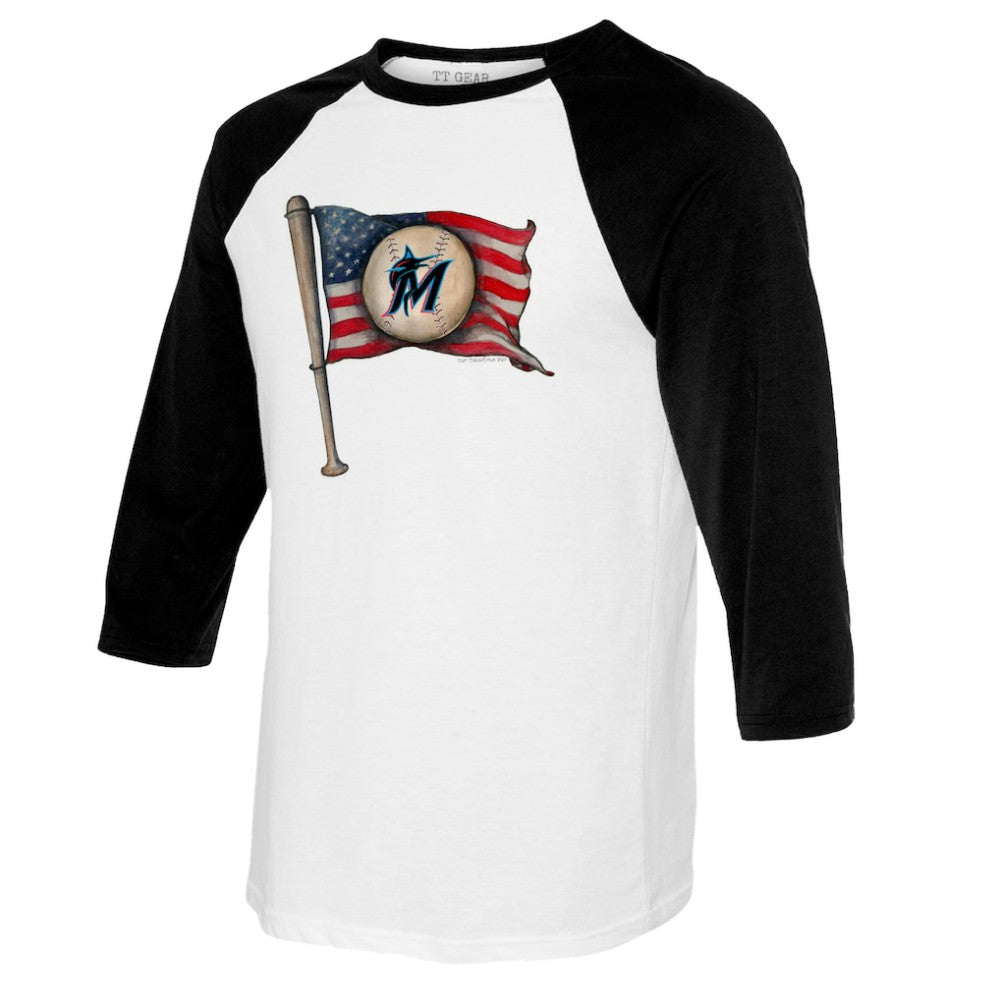 Miami Marlins Tiny Turnip Youth Baseball Flag Raglan 3/4 Sleeve T-Shirt - White/Black - MLB Discount