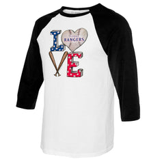 Texas Rangers Tiny Turnip Women's Baseball Love Raglan 3/4-Sleeve T-Shirt - White/Black - MLB on Sale