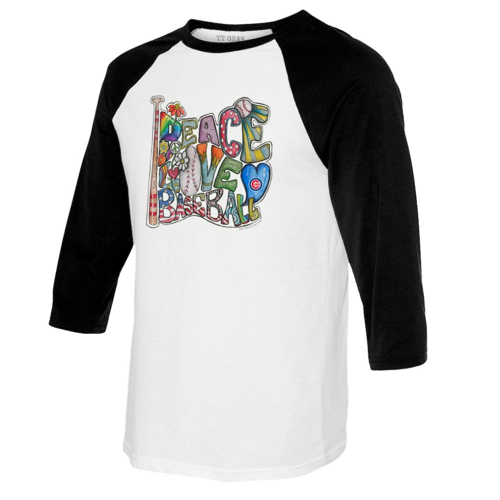 Chicago Cubs Tiny Turnip Women's Peace Love Baseball 3/4-Sleeve Raglan T-Shirt - White/Black - MLB on Sale