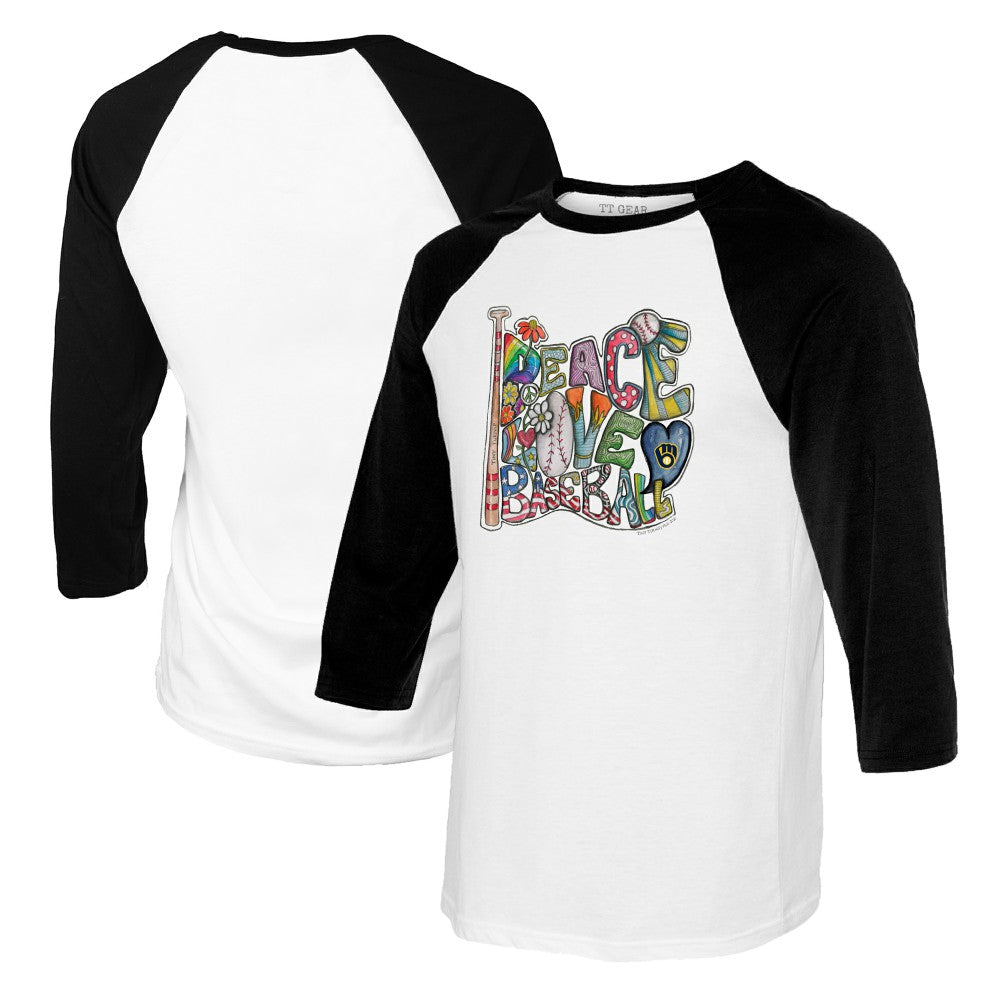 Milwaukee Brewers Tiny Turnip Women's Peace Love Baseball 3/4-Sleeve Raglan T-Shirt - White/Black - MLB Lifestyle
