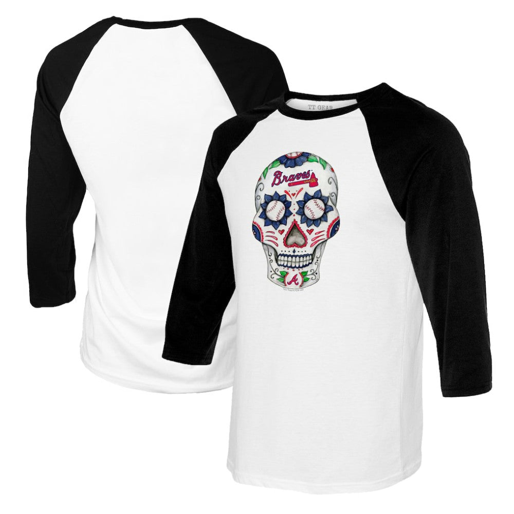 Atlanta Braves Tiny Turnip Women's Sugar Skull 3/4-Sleeve Raglan T-Shirt - White/Black - MLB Discount