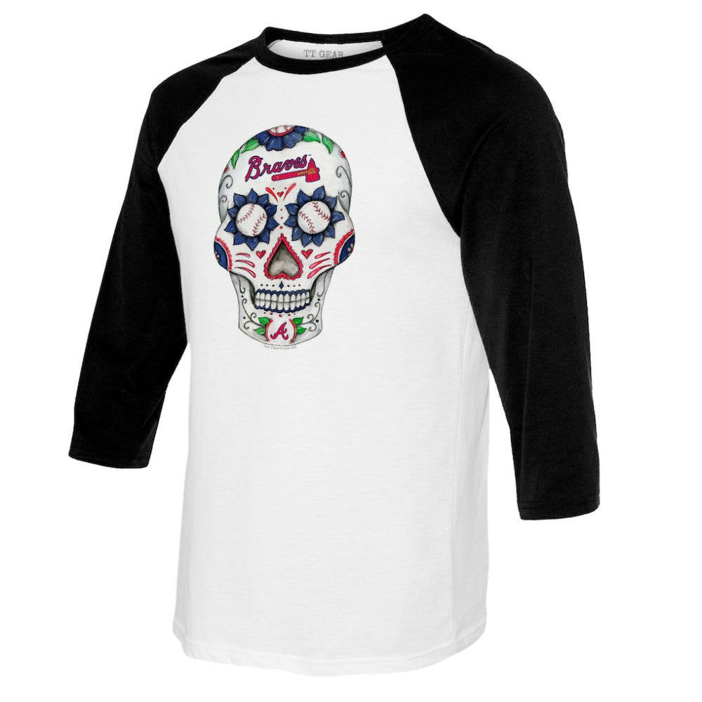 Atlanta Braves Tiny Turnip Women's Sugar Skull 3/4-Sleeve Raglan T-Shirt - White/Black - MLB Discount