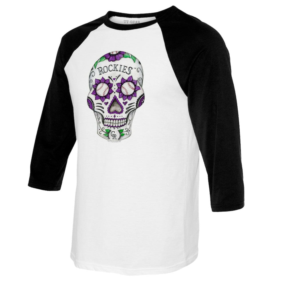 Colorado Rockies Tiny Turnip Women's Sugar Skull 3/4-Sleeve Raglan T-Shirt - White/Black - MLB Discount