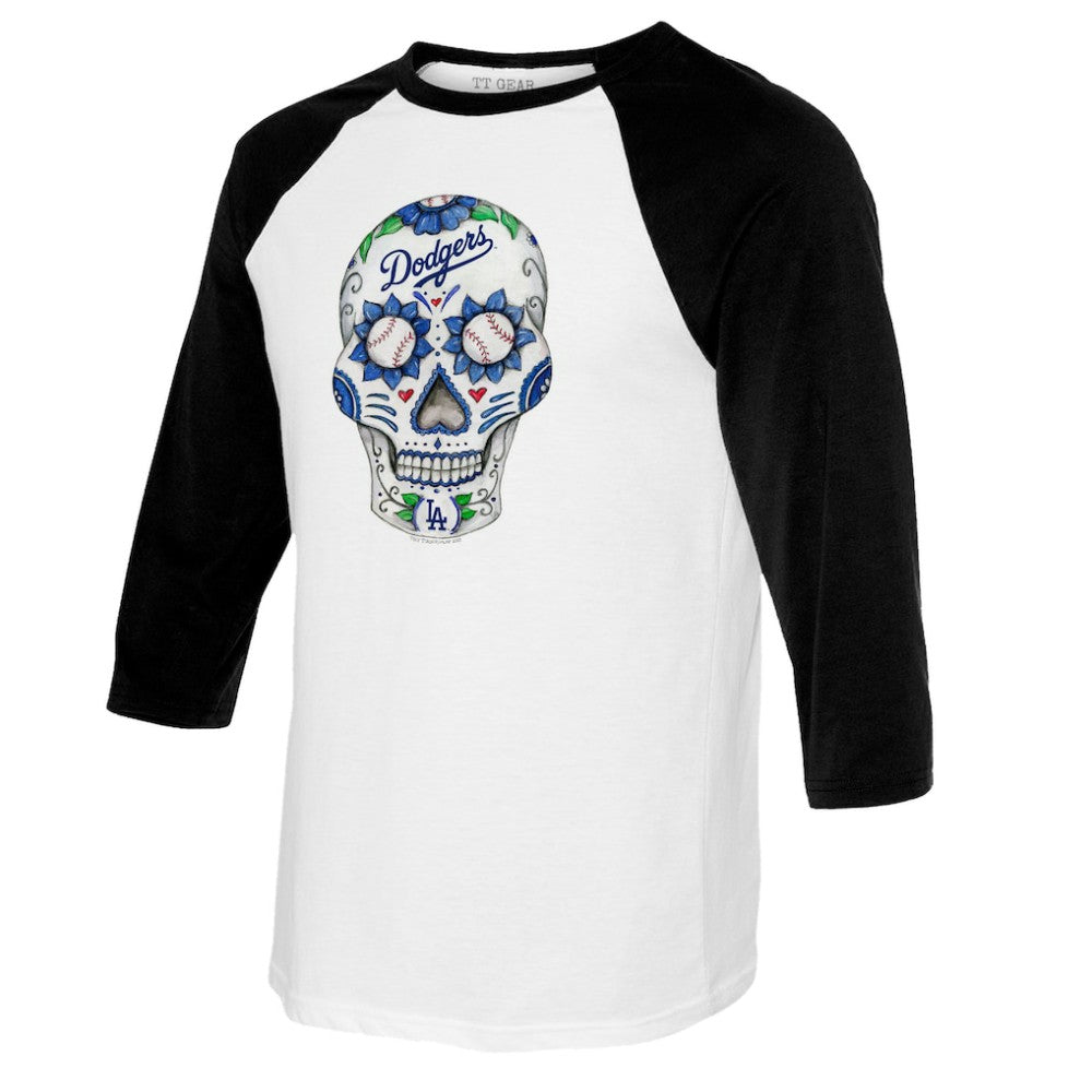 Los Angeles Dodgers Tiny Turnip Women's Sugar Skull 3/4-Sleeve Raglan T-Shirt - White/Black - MLB Sale