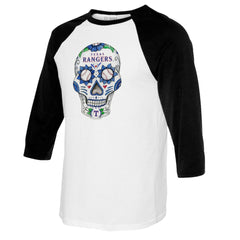 Texas Rangers Tiny Turnip Women's Sugar Skull 3/4-Sleeve Raglan T-Shirt - White/Black - MLB Sale