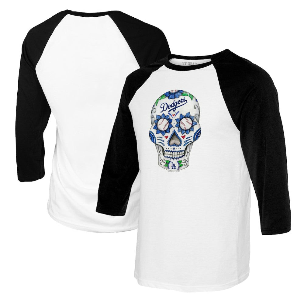 Los Angeles Dodgers Tiny Turnip Youth Sugar Skull Raglan 3/4 Sleeve T-Shirt - White/Black - MLB Lifestyle