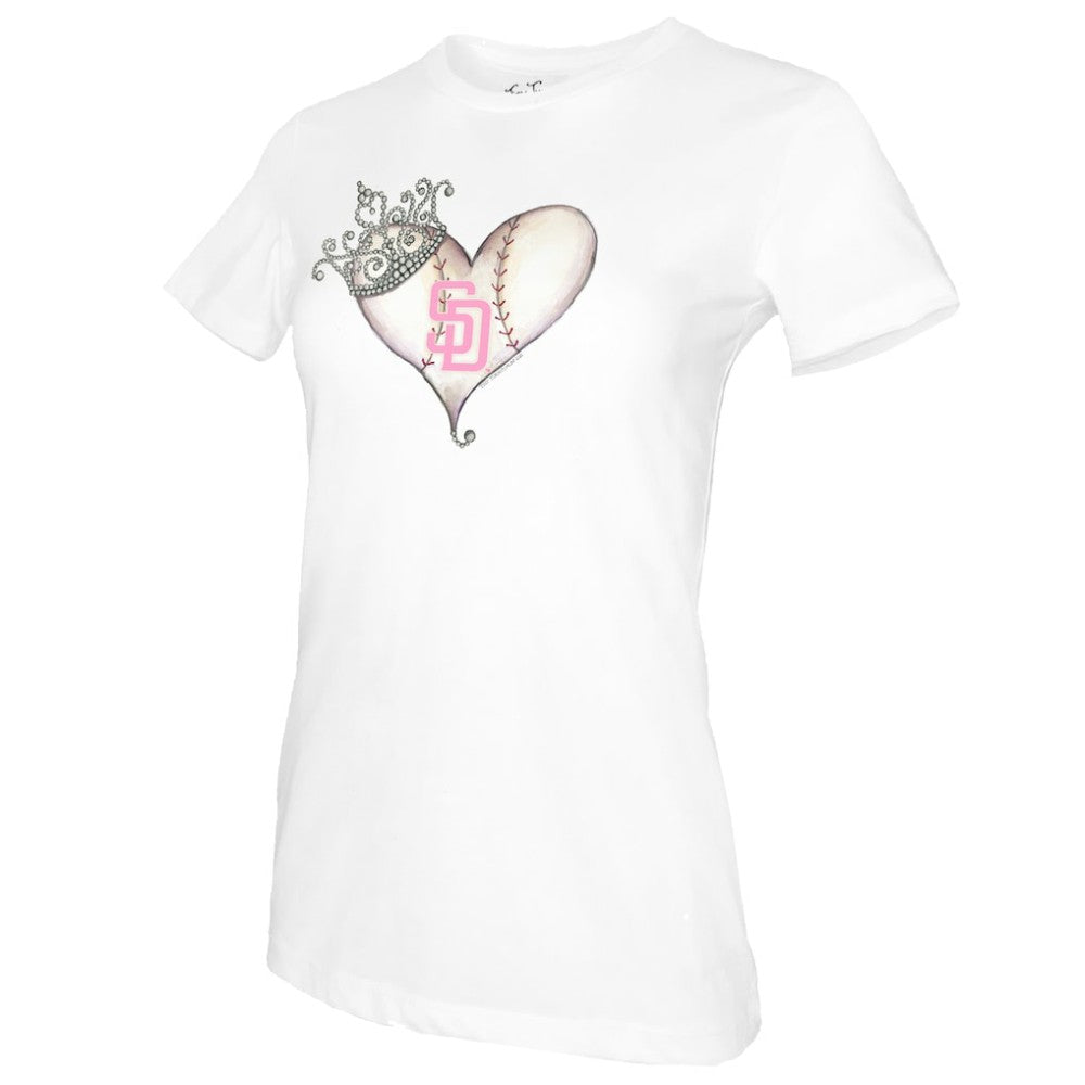 San Diego Padres Tiny Turnip Women's Baseball Tiara Heart T-Shirt - White - MLB on Sale