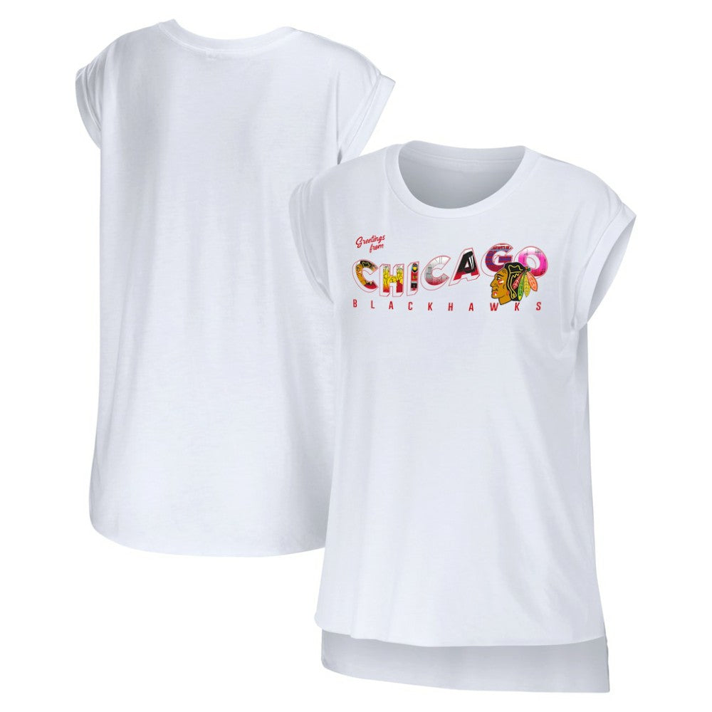 Chicago Blackhawks WEAR by Erin Andrews Women's Greetings From Muscle T-Shirt - White - NHL 4762622