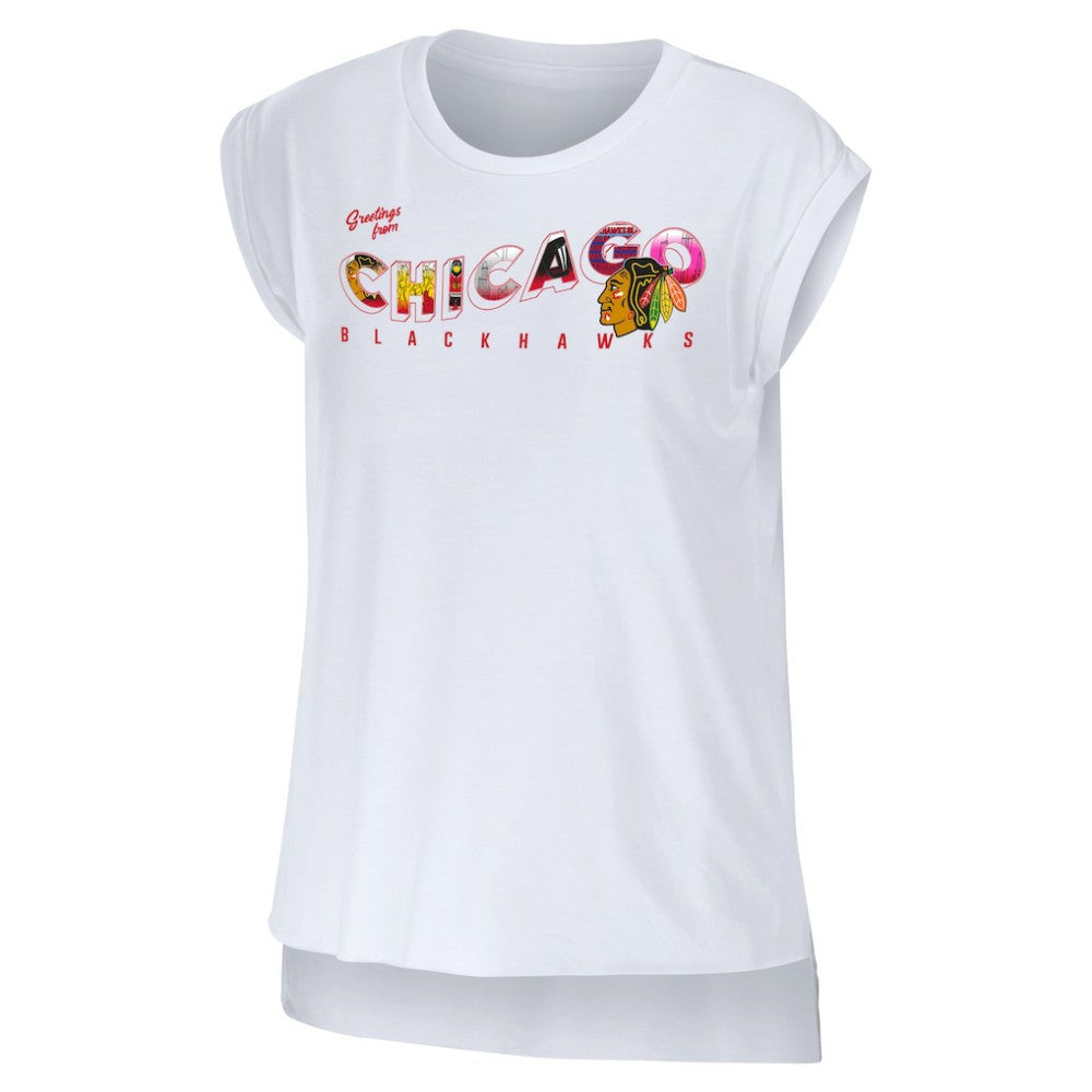 Chicago Blackhawks WEAR by Erin Andrews Women's Greetings From Muscle T-Shirt - White - NHL 4762622