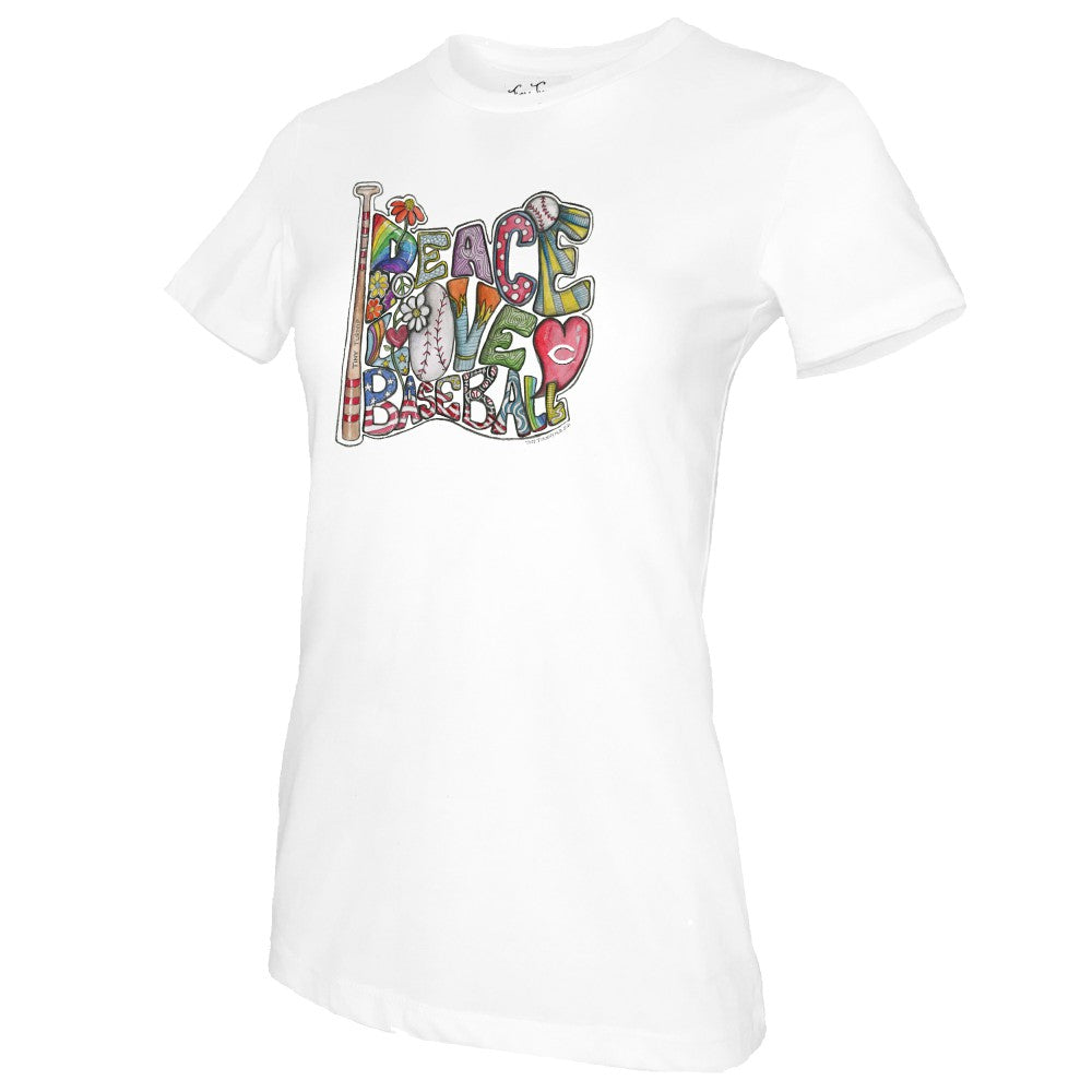 Cincinnati Reds Tiny Turnip Women's Peace Love Baseball T-Shirt - White - MLB Lifestyle